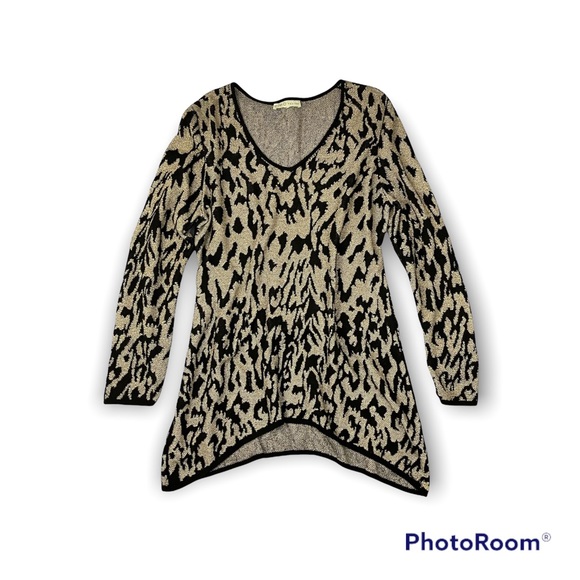 CLEO Tunic Sweater Gold & Black Knit Leopard Animal Pattern Assymmetrical Large - Picture 7 of 11